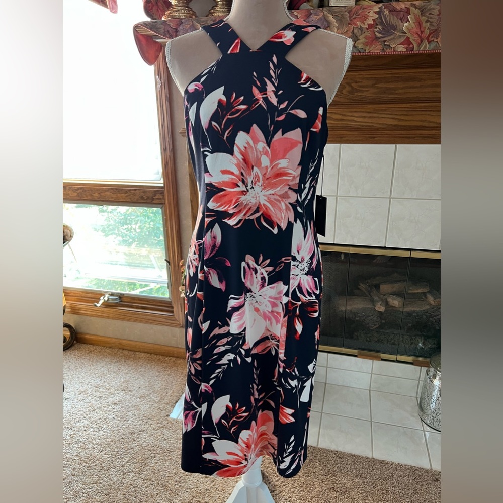 NWT Vince Camuto Navy Floral Midi Dress with Coral and White Blooms